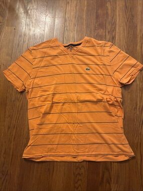 Lacoste Orange V-Neck Thin-Striped Polo Tee